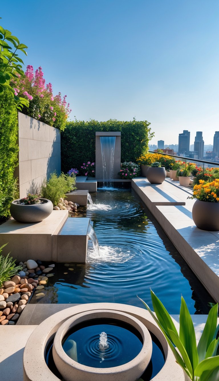 A terrace garden with lush plants, multiple water features including a fountain, waterfall, and reflecting pool, outdoor furniture, and a city skyline in the background.